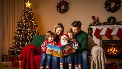 Grandparents reading a Christmas storybook to their grandchildren on the living room sofa