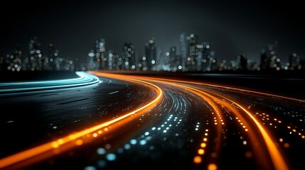 Fototapeta premium High-speed light trails and data stream highway at night, 3D abstract illustration for smart transportation, future technology, and 5G network connection concepts.