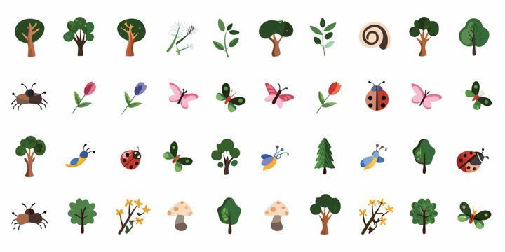 Colorful illustrations of trees insects plants and flowers in a playful arrangement