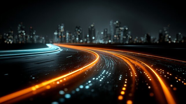 High-speed light trails and data stream highway at night, 3D abstract illustration for smart transportation, future technology, and 5G network connection concepts.