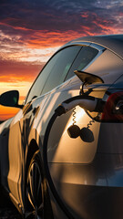 Modern Electric Car Charging At Sunset With Dramatic Sky Landscape. Ai Generated Images