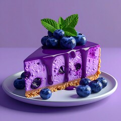 Blueberry cheesecake slice with glaze and mint on a white plate, resting against a lavender backdrop