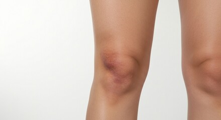 Close-up shot revealing a bruise on a knee against a clean, bright background. Depicts the body and physical trauma or healing process.