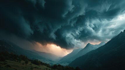 Obraz premium cinematic landscape with storm clouds racing over mountains, moody and powerful atmosphere
