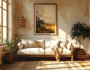 Bright interior shows a weathered wall, sofa, painting of landscape, and plant