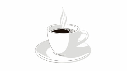 Obraz premium Black and white sketch of a steaming white coffee cup on a saucer