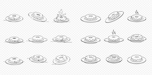 Set of hand-drawn UFOs, flying saucers, and alien spacecraft in various positions, line art vector illustration.