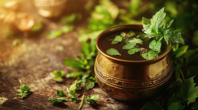 A traditional Ayurvedic detox drink made of neem, giloy, and amla in a brass vessel, on blurred background