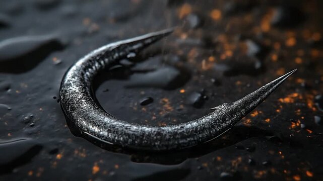 Close-up of a metallic fishing hook resting on a wet surface with reflections