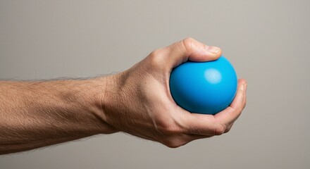 Hand gripping a stress ball to relieve tension and improve focus in a calming moment, blue sphere against neutral backdrop, creating a soothing scene.