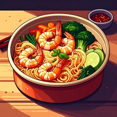 Cartoonish noodle bowl with shrimp, broccoli, and sauce, on wood surface, bright colors