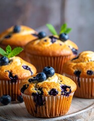 Blueberry muffins. Soft, golden muffins with fresh blueberries and mint garnish on a light, textured wooden board