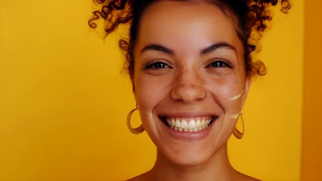 woman with orange slice in front of her face, yellow background.
