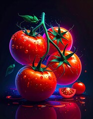Bright, juicy tomatoes with vibrant red skin and water droplets glisten against a dark, colorful, reflective surface