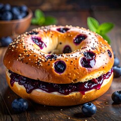 Blueberry-filled bagel, seeded top, rests on a wooden surface with scattered blueberries and fresh mint leaves