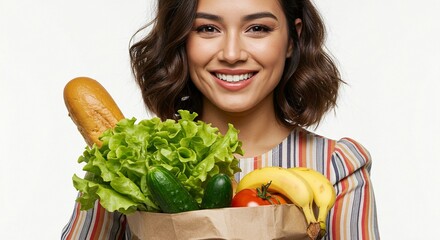 A smiling woman holds a grocery bag overflowing with fresh produce, embodying a healthy lifestyle and the joy of wholesome eating.