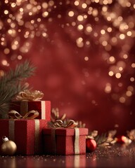 Obraz premium Close-Up of Beautifully Wrapped Christmas Gifts with Shimmering Decoration on a Festive Background of Golden Bokeh Lights