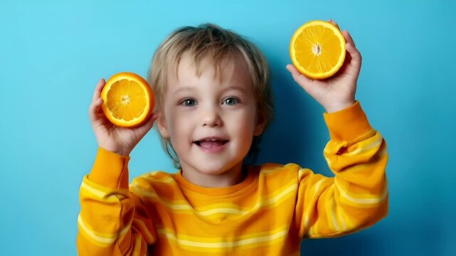 A young child in a yellow shirt holds two halves of an orange against a blue background. The childs mouth is open, revealing a tongue sticking out.