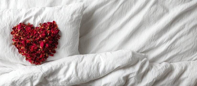 Heart shape made of rose petals on bed with transparent background
