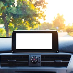 Car interior with blank screen, dashboard, vents, road, and trees. Sunlight. Warm glow