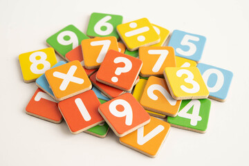Number wood block cubes for learning Mathematic, education math concept.