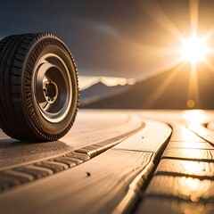 Car tire on a road leading toward a sunny horizon with mountains in the distance, bathed in warm light