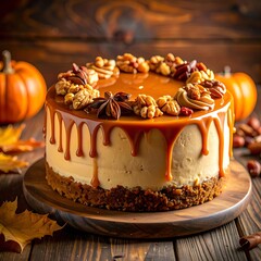 Caramel cheesecake on wooden board, decorated with nuts, anis, and autumnal ambiance, pumpkins, leaves, dark background