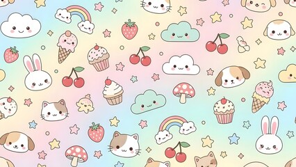 Fototapeta premium Cute kawaii pattern featuring pastel colors with animals fruits and sweet treats