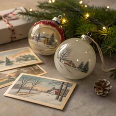 &ldquo;Mixed-media collage of vintage postcards and handmade glass baubles, film grain texture, nostalgic Christmas mood, editorial art-print.&rdquo;
