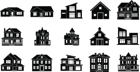 Diverse House and Home Silhouette Vector Collection, Residential Architecture Icon Set, Modern and Traditional Building Black Graphic Design