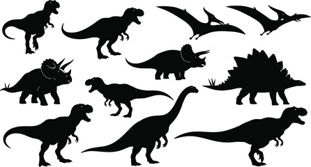 Dinosaur Silhouette Vector Collection, Prehistoric Animal Outline Set, Tyrannosaurus, Triceratops, and Pterodactyl Black Graphic