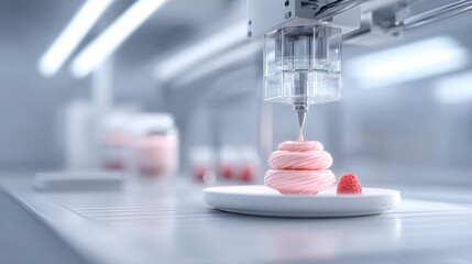 Food printing technology showcases a 3D printer creating intricate pink dessert on a plate, highlighting innovation in culinary artistry