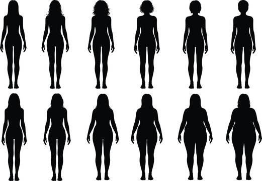 Set of female body silhouettes showing different weights and shapes, slimming progress concept, cad drawing flat vector illustration