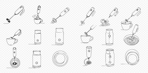 Set of hand-drawn sketches of milk frothers and coffee grinders, illustrating various uses and designs of kitchen appliances.