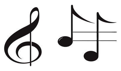 Elegant black treble clef and musical notes isolated on a white background. Classic song symbols for music schools, concert posters, creative branding, and artistic composition templates.