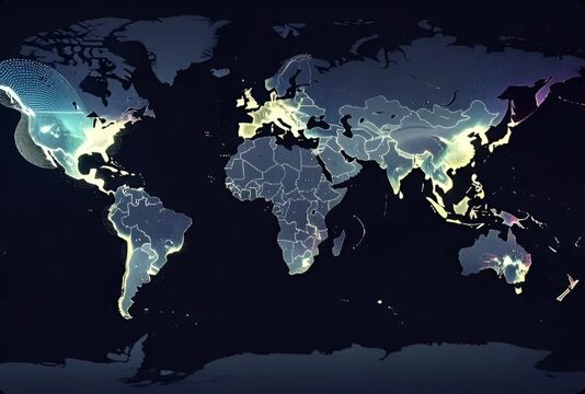 World map highlighting asia with night lights and population density