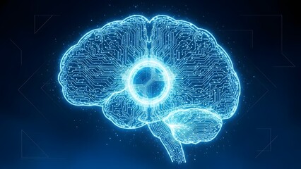Digital human brain composed of glowing blue circuitry against a dark background
