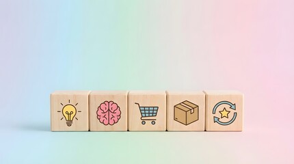 Business process concept with icons representing idea, brain, shopping cart, package, and refresh cycle on wooden blocks against a pastel background