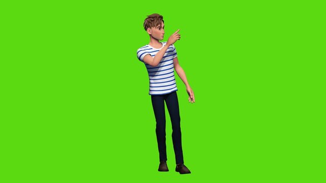 Walking, seeing and pointing something, 3d male cartoon character animation render