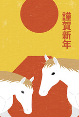 2026年午年のレトロな年賀状、富士山と初日の出を背景に挨拶する白馬