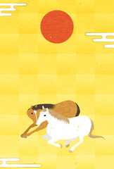 2026年午年の年賀状、顔を寄せ合う二頭の馬と初日の出