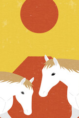 2026年午年のレトロな年賀状、富士山と初日の出を背景に挨拶する白馬