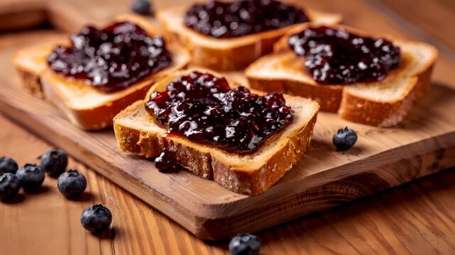 A closeup shot of a wooden cutting board with a sandwich and blueberries on it. The sandwich appears to be a slice of toasted bread with a spread of jam on top.