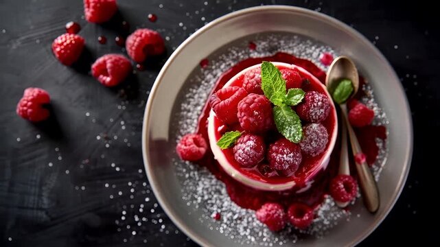 A closeup of a dessert bowl filled with a red berry smoothie topped with raspberries and mint leaves. The bowl is placed on a dark, textured surface.