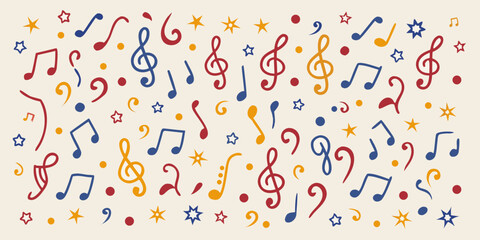 Colorful musical notes and symbols scattered across a light beige background