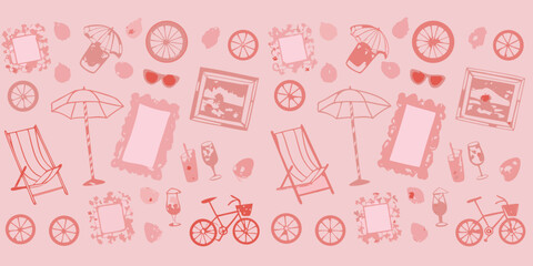 A delightful pink pattern featuring summer objects like umbrellas and beach chairs