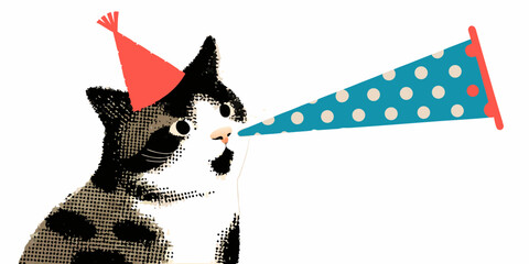A black and white cat celebrating with a party hat and horn