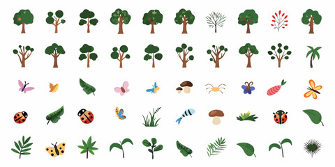 Collection of colorful trees insects plants and foliage illustrations on white background