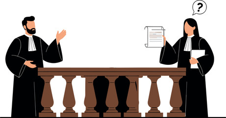 Two Attorneys Arguing a Case at the Court Balustrade, with One Lawyer Showing a Confusing Legal Document and Asking a Question Vector Illustration.