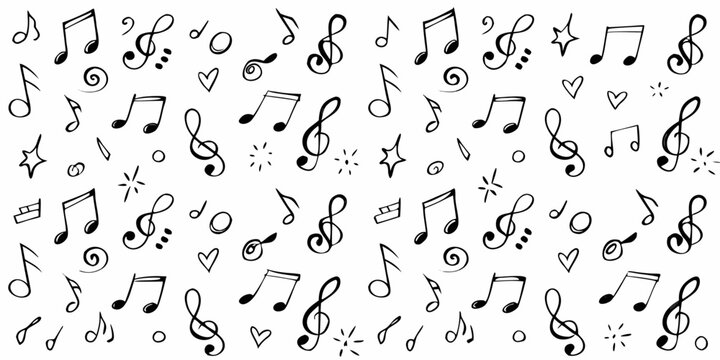 A whimsical pattern of hand drawn musical notes and charming decorative elements